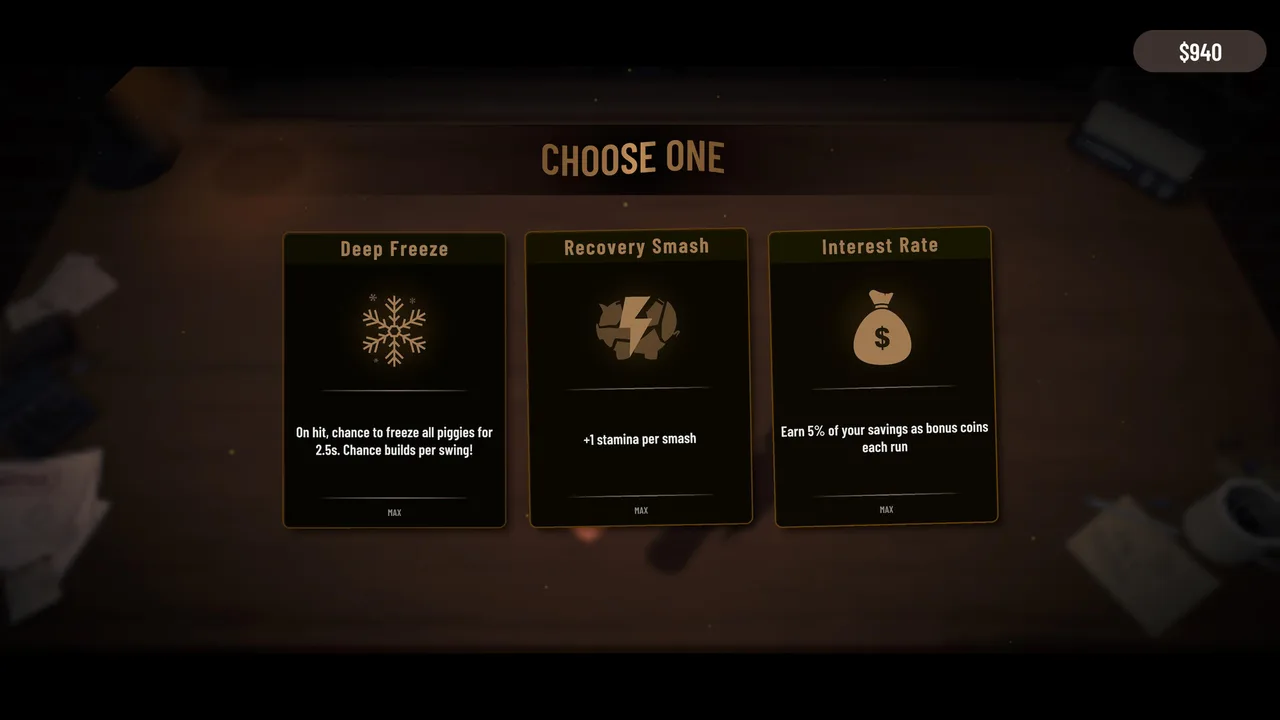 The choose-one perk screen showing Deep Freeze, Recovery Smash and Interest Rate cards