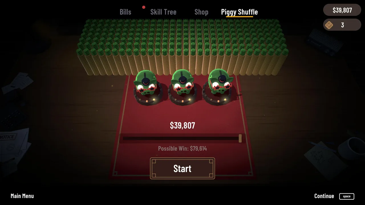The Piggy Shuffle table: three green piggies with star glasses, a $39,807 stake and a possible win of double the amount