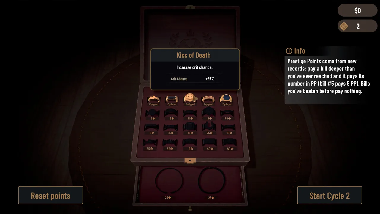 The prestige case: a box of rings with PP prices, two bracelet slots below, and the in-game Prestige Points rule shown in the info panel