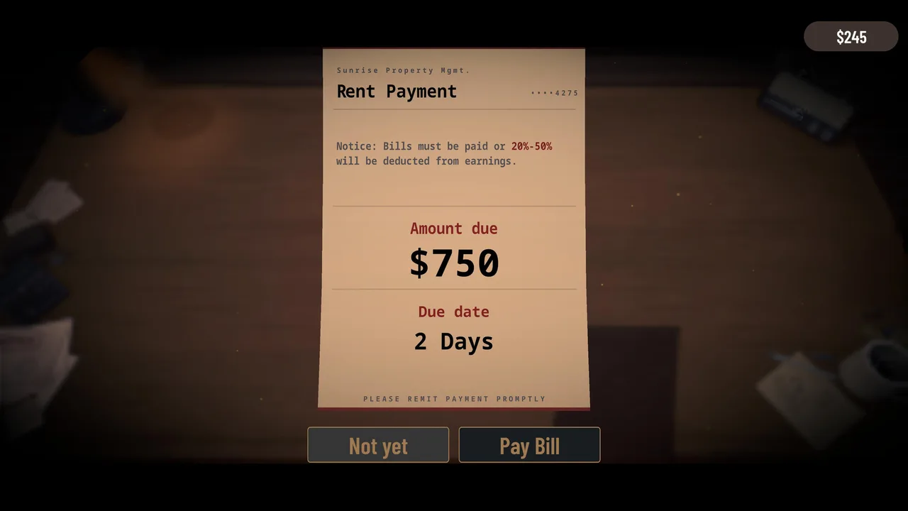 A rent bill for $750 due in 2 days, with the notice that unpaid bills deduct 20%-50% from earnings