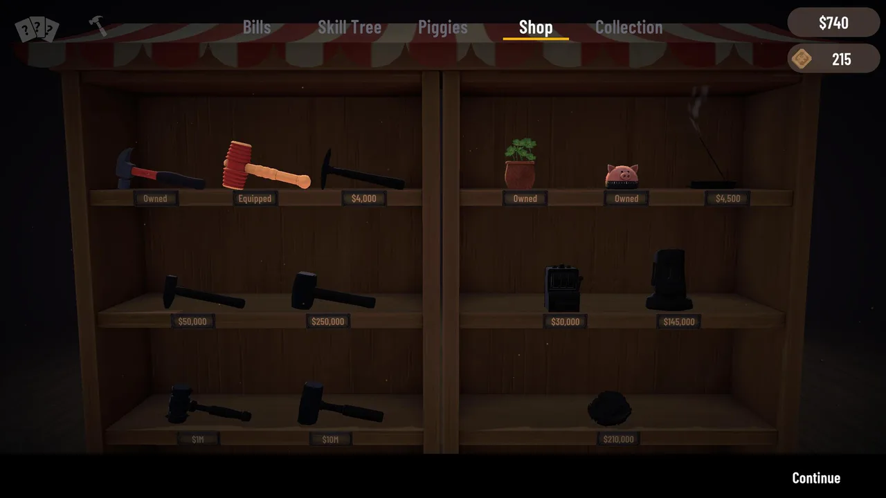 The shop shelves: hammers priced from $4,000 to $10,000,000 alongside décor items