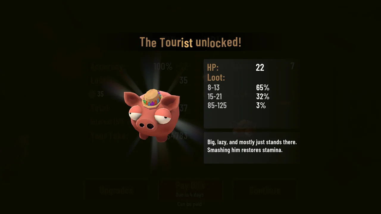 The Tourist piggy unlock card: HP 22, loot tiers with percentages, and the note that smashing him restores stamina