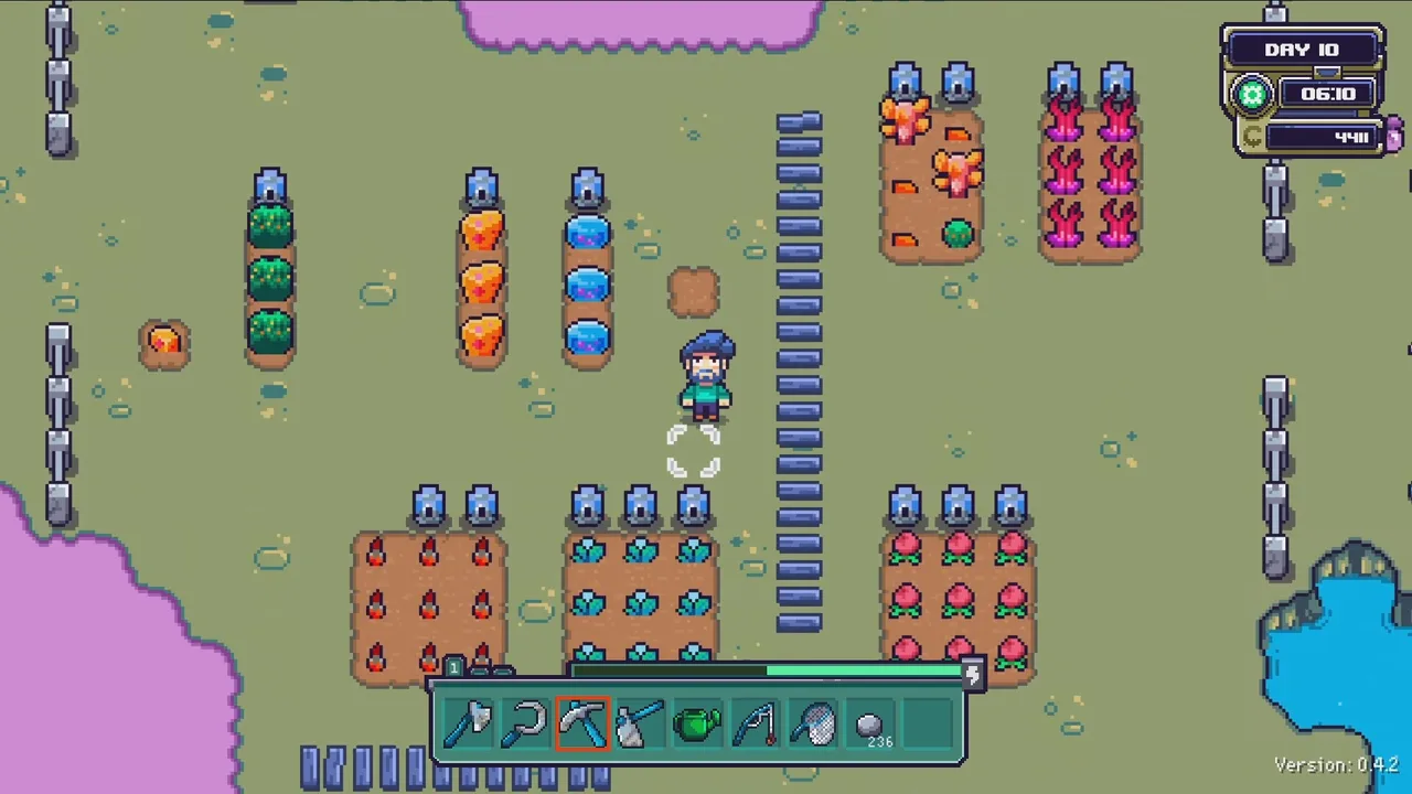 A Farlands farm growing several distinct alien crop types in fenced plots