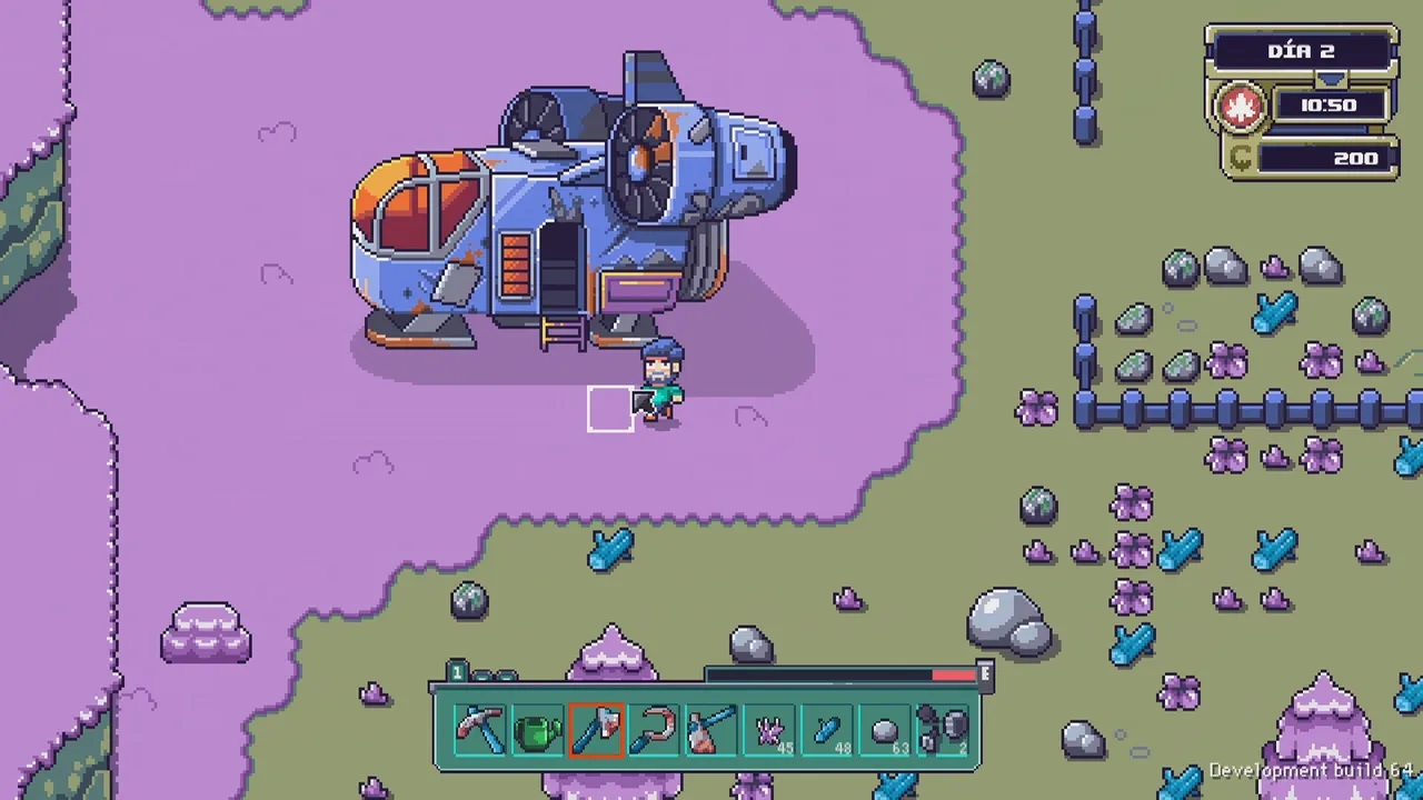 Arriving in Farlands: your rusty ship on a purple alien meadow in the opening days