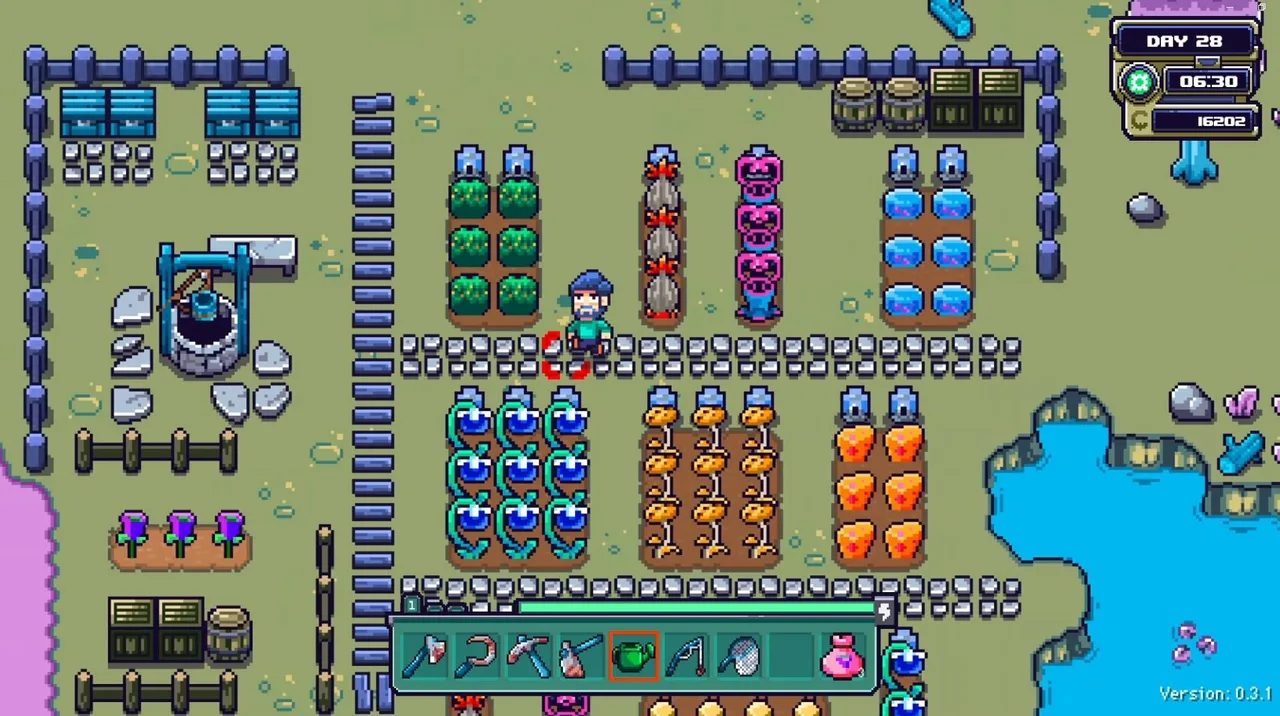A developed Farlands farm with multiple crop types, sprinkler-like devices, and fenced plots