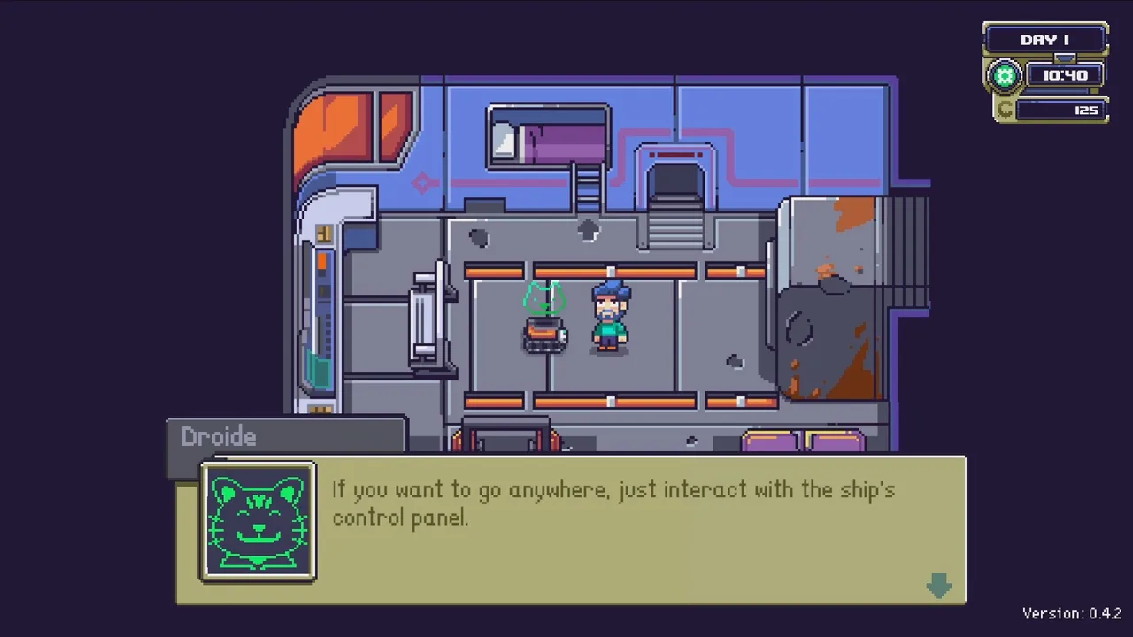 Inside the ship: the droid explains that travel happens through the ship's control panel