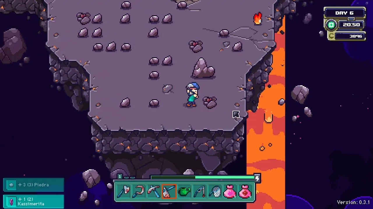 A Farlands mining area beside a lava flow, with ore and stone scattered across the rock