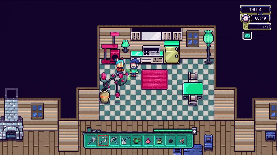 Inside the player's upgraded house, the player's spouse stands in the kitchen area the morning after the wedding