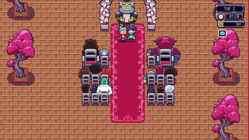 The Farlands wedding ceremony: the player and their partner at the altar with Mayor Oola officiating, guests seated along a pink carpet