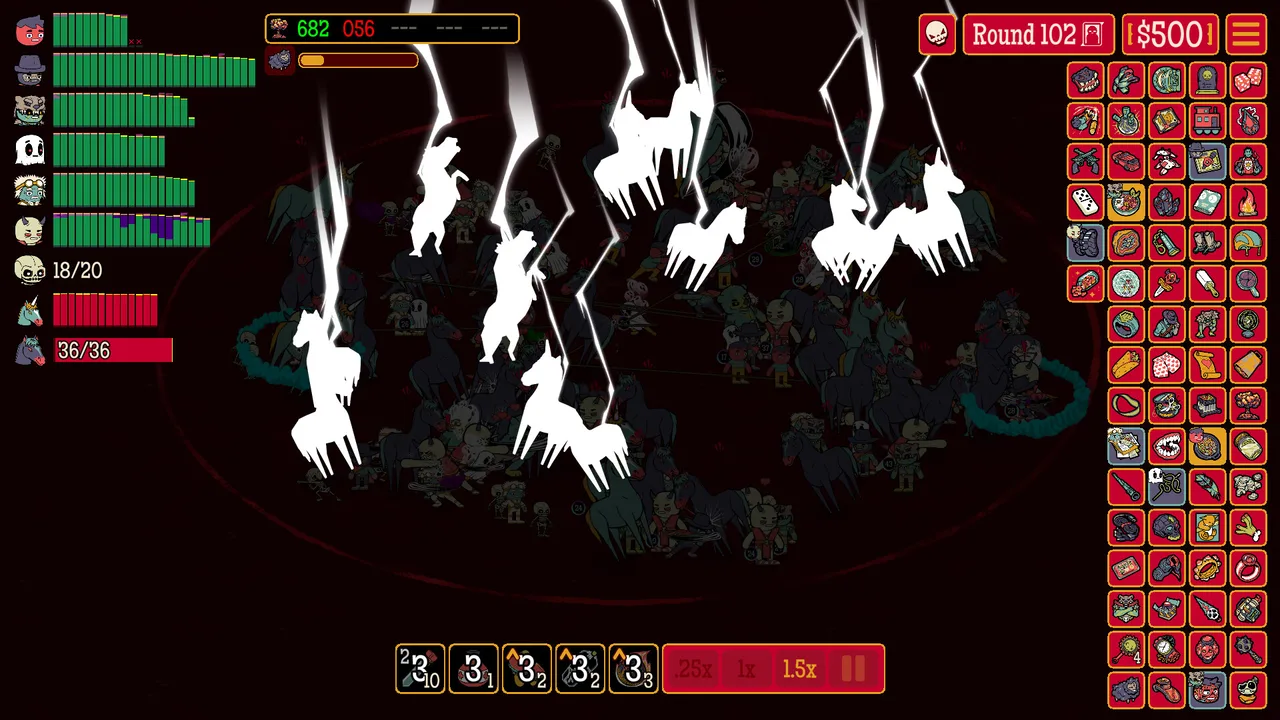 A round 102 battle, the screen packed with enemies while lightning strikes, and a Relic grid of seventy-plus items down the right side