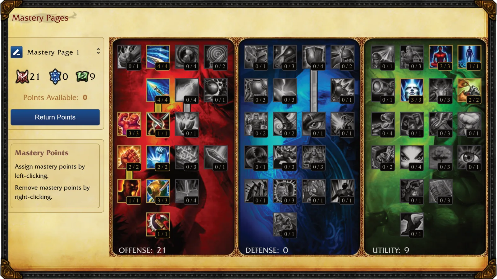 The Classic mastery page screen showing 21 points in Offense, 0 in Defense and 9 in Utility across the three old trees