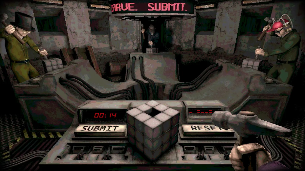The Chisel Gauntlet station: a timer, SUBMIT and RESET buttons, and a part-carved cube as other players hammer away under a CARVE. SUBMIT. sign