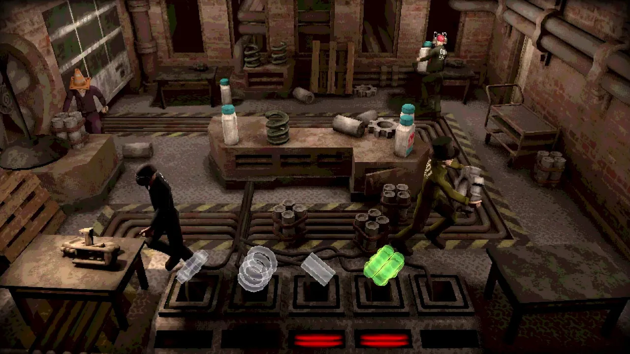 The Firearm Factory workshop: players carrying components between benches with parts laid out on silhouette slots