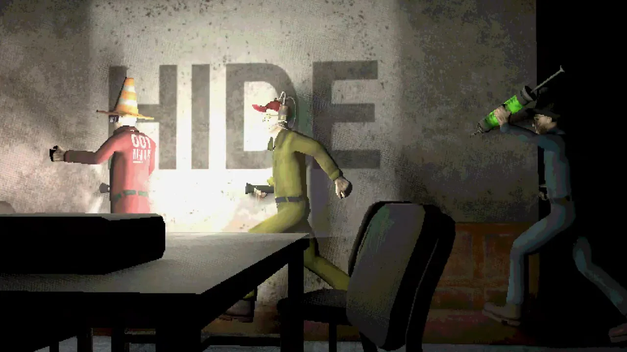 Players scatter under a flashlight beam as the word HIDE is projected on the wall