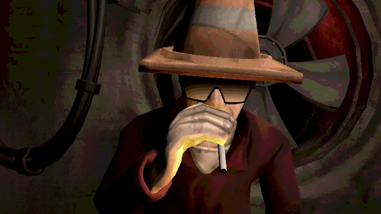 Close-up of a test subject in a traffic-cone hat cupping a lit cigarette