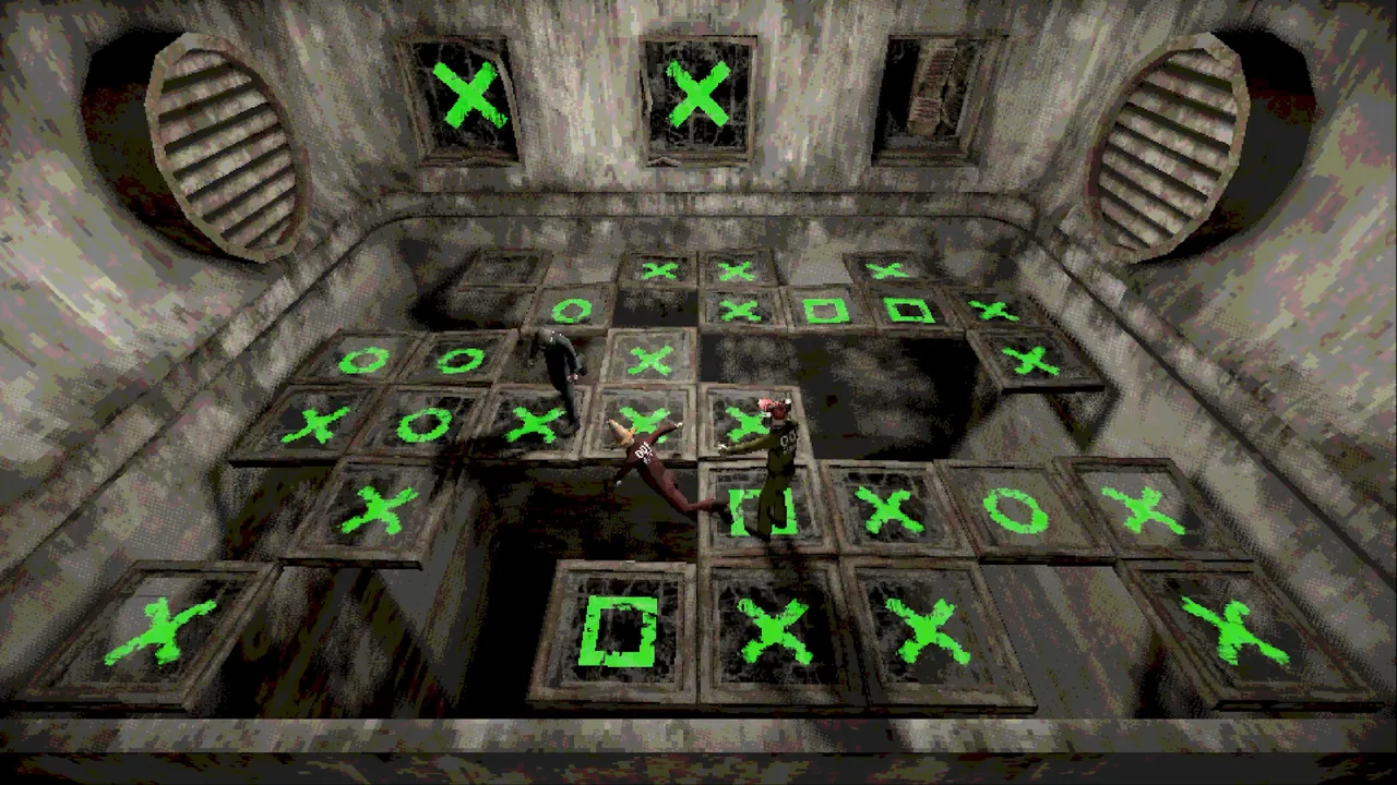 Players scattered across a grid of marked tiles with several sections already fallen away into darkness