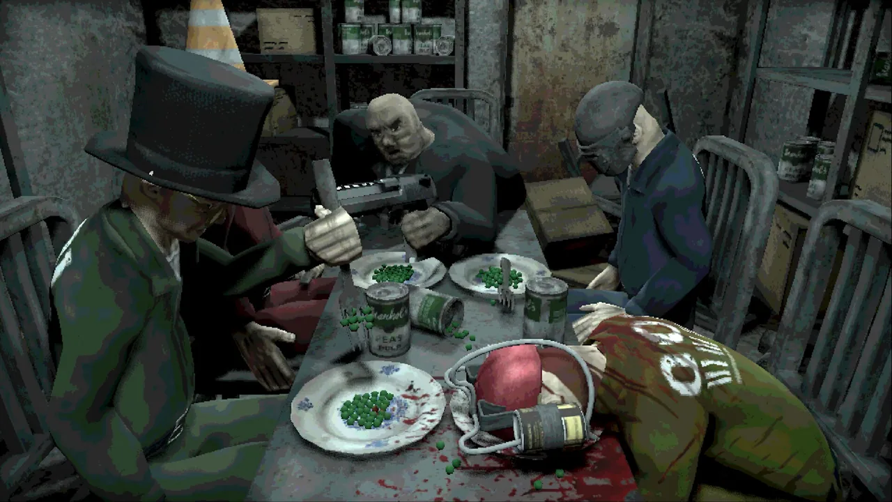Four players seated around a table eating plates of peas, one slumped face-down, cans of peas on the shelves