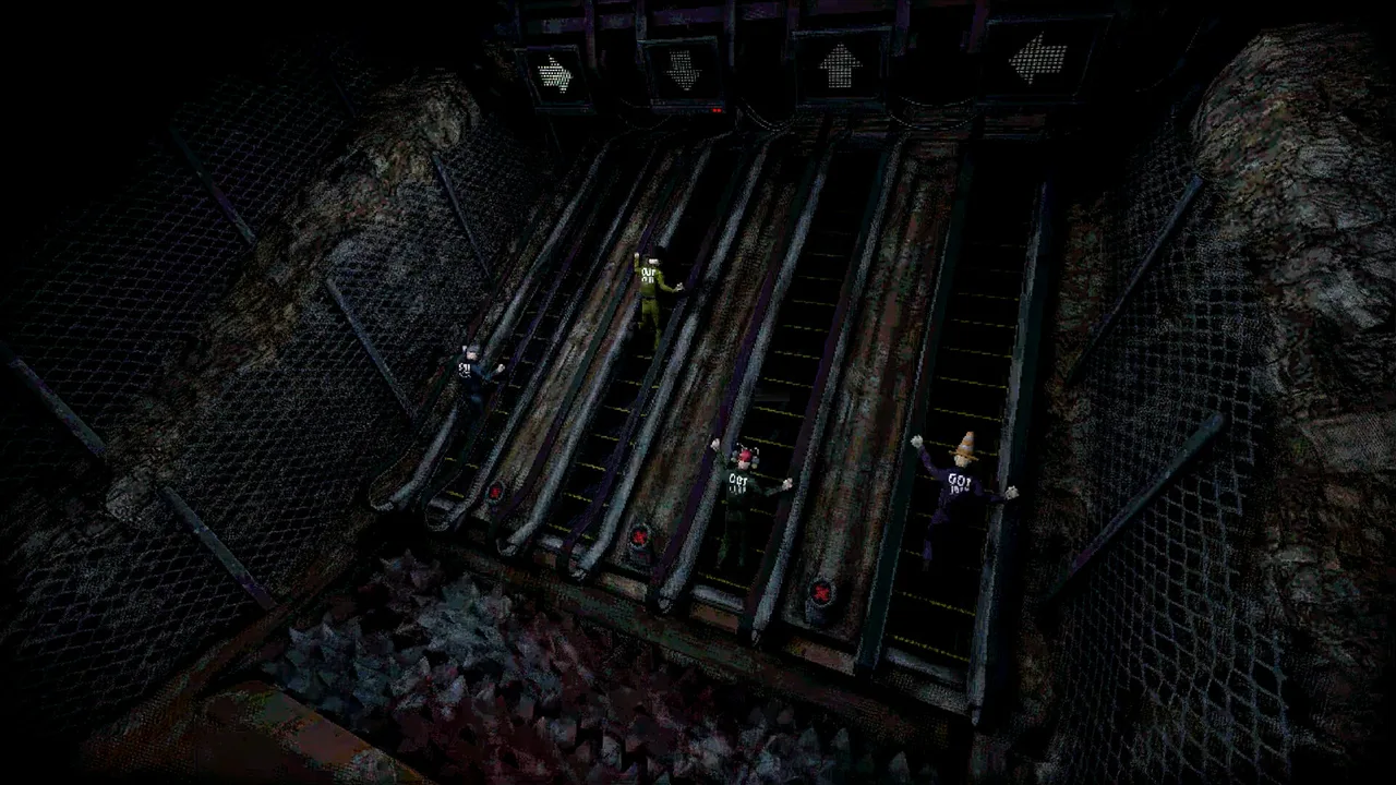 Four escalator lanes under direction-arrow signs, players climbing, a spike pit visible at the bottom