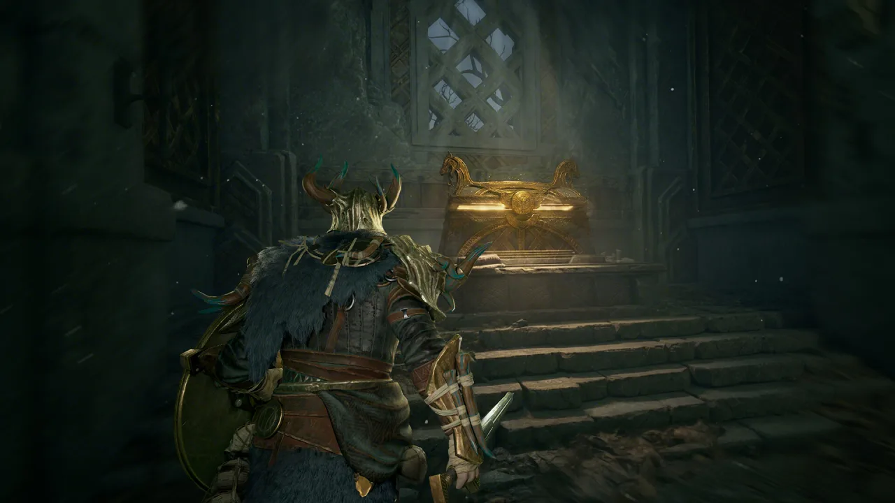 A hunter approaching a golden treasure chest in a dark ruin