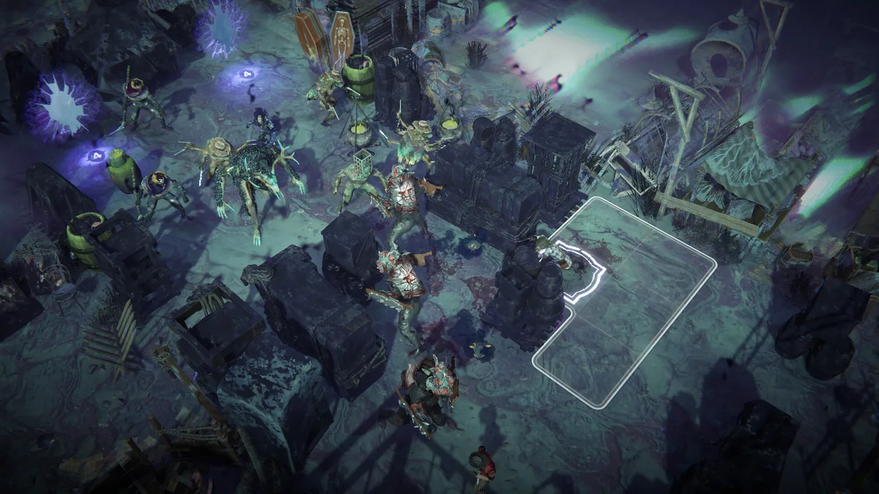A raid battle with glowing breach portals spawning Dreadweavers at the map's edge