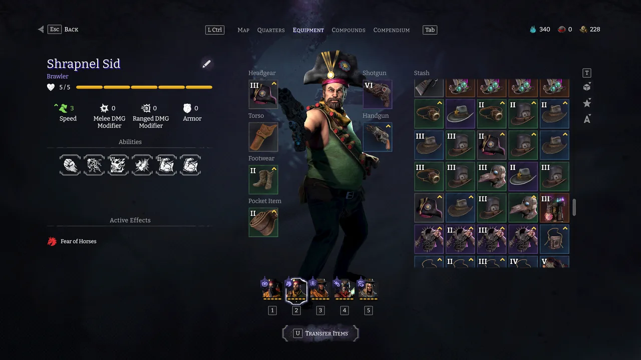 The equipment screen: Brawler "Shrapnel Sid" with Fear of Horses listed under active effects, stash and party bar below