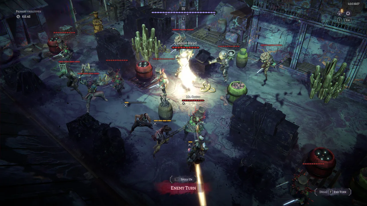 A battle at Nightmare Level IV: the pressure bar at the top, named enemies Cannon Head and Mr. Cactus on the field during the enemy turn