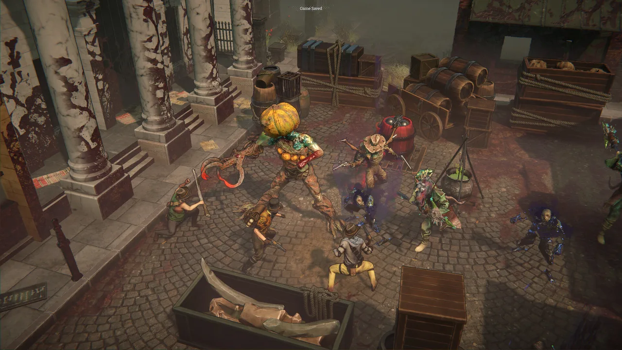 A street battle in Nightmare Frontier with the "Game Saved" notification visible at the top of the screen