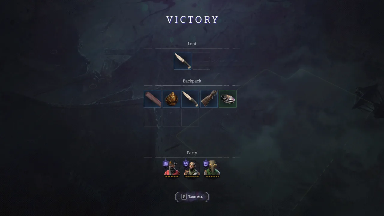 The Victory screen after a fight: loot to grab, backpack contents, and the three-Scavenger party