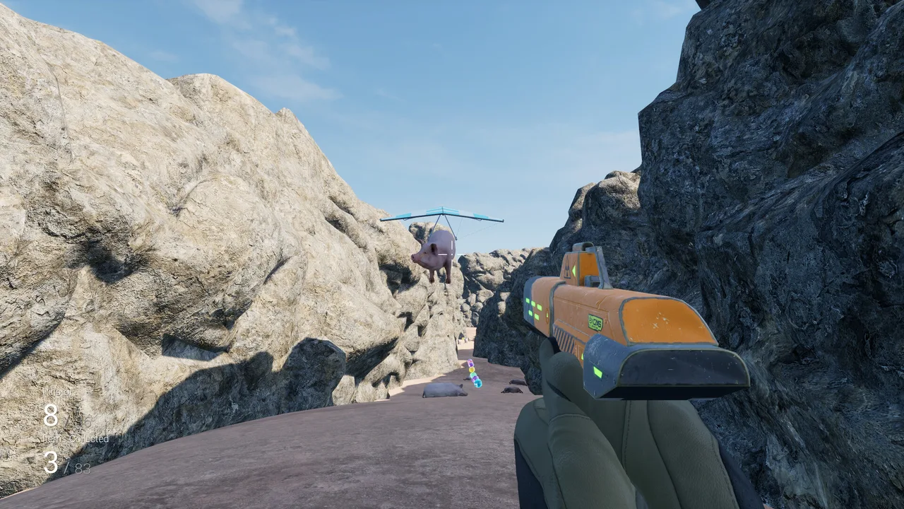 A Glider hawg — a pig suspended from a hang-glider — floating over a rocky canyon level