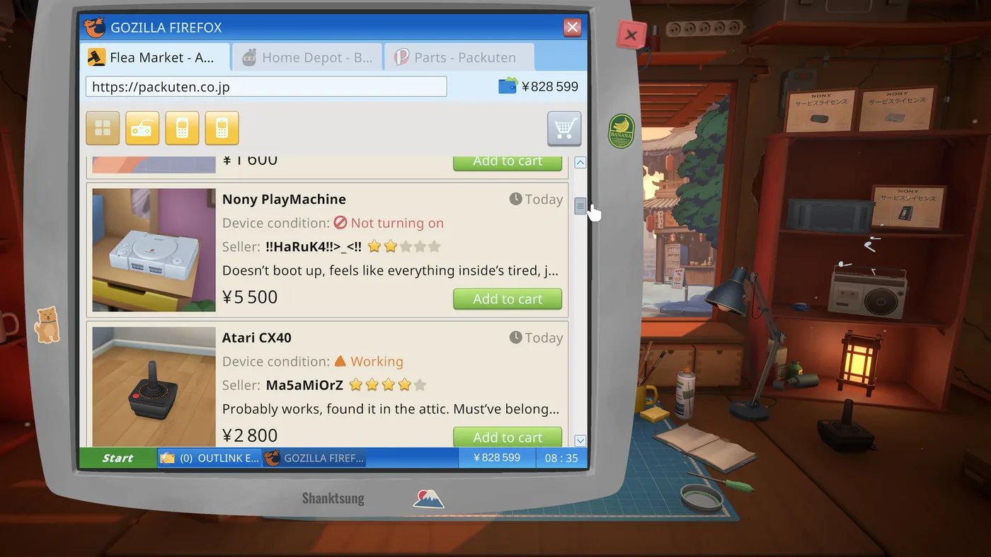 The in-game browser showing flea market listings with device conditions, seller star ratings and prices in yen