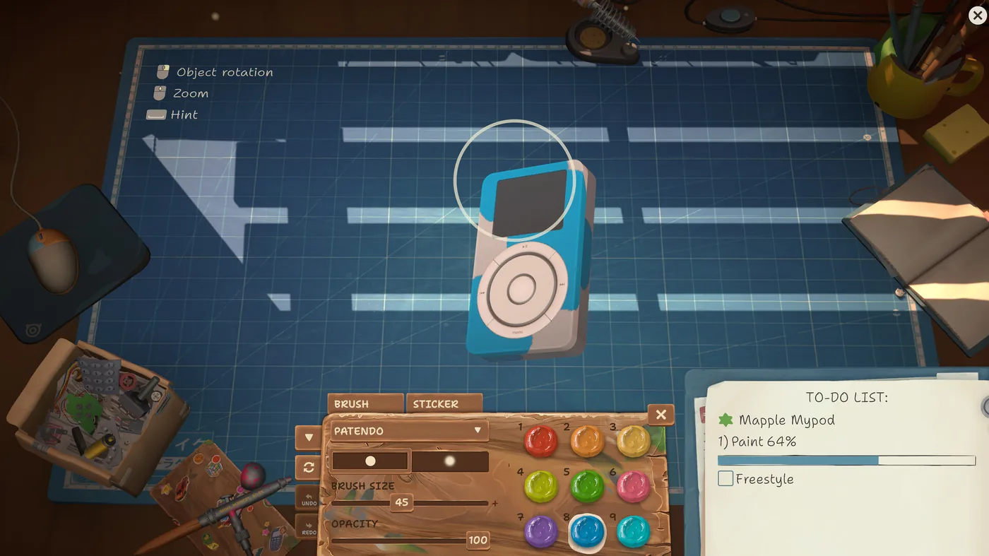 Paint mode with brush and sticker tabs open on a music player, its paint task at 64%