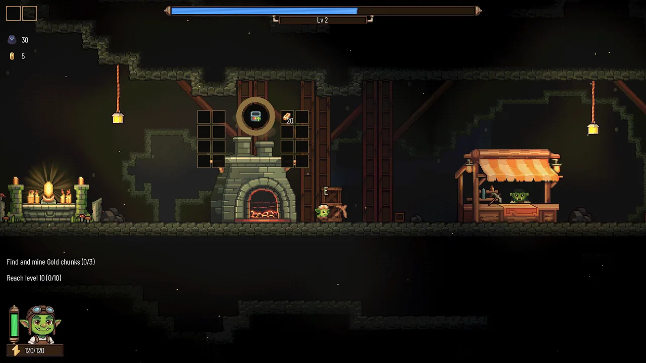 A Rock Bottom base area with furnace, altar and goblin shop stall — the crab hides in a crevice beneath Orc Base 1's structures
