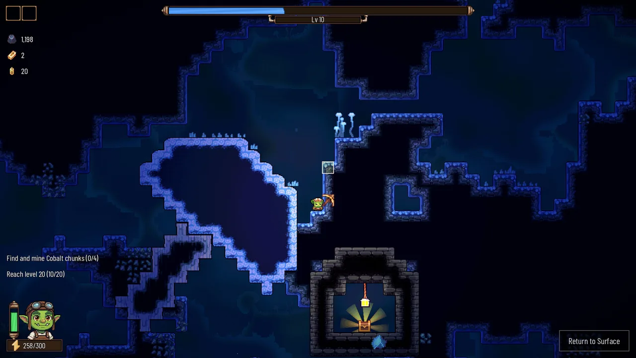 A blue cobalt cavern in Rock Bottom with the "Find and mine Cobalt chunks (0/4)" objective on screen