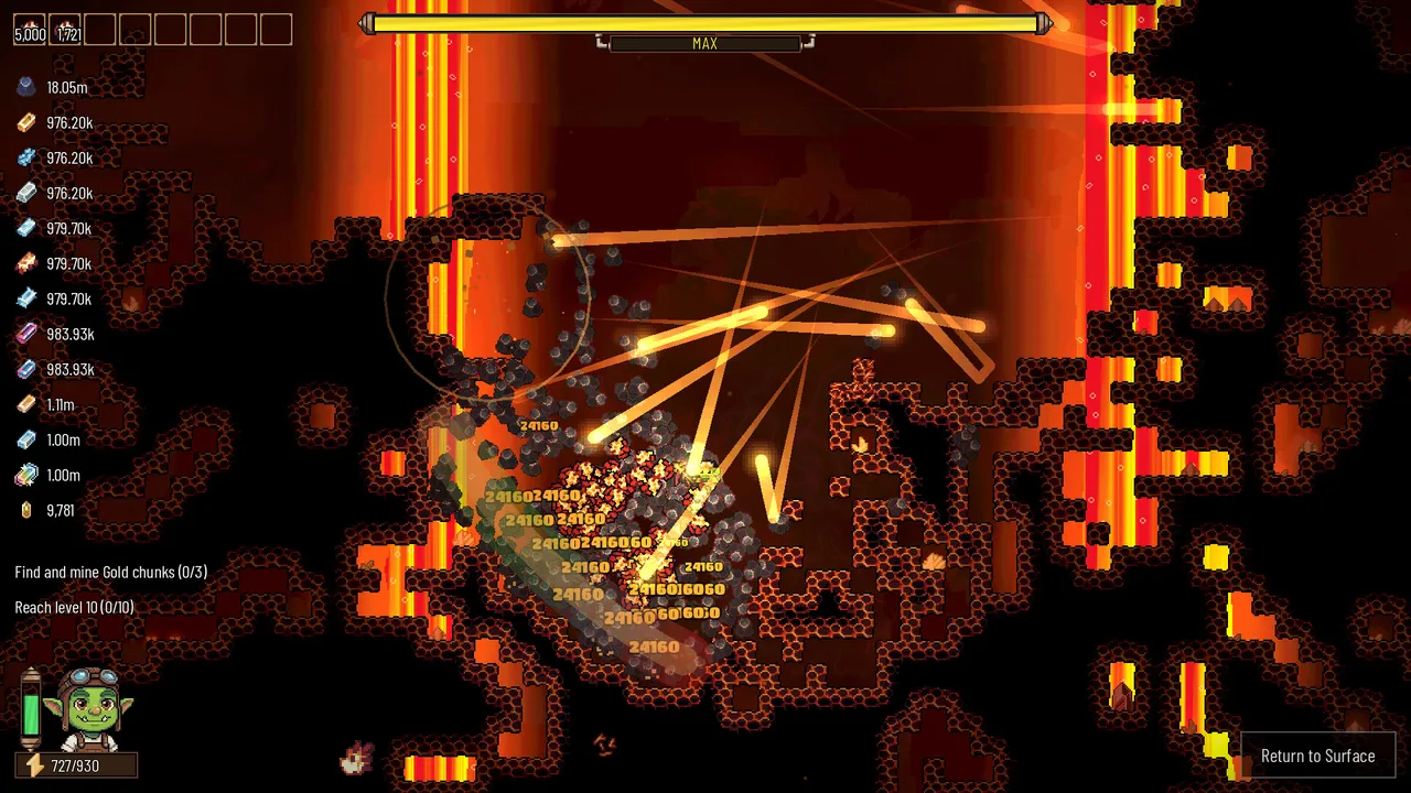 Rock Bottom late game: chain lightning arcs shredding a lava layer with maxed resources