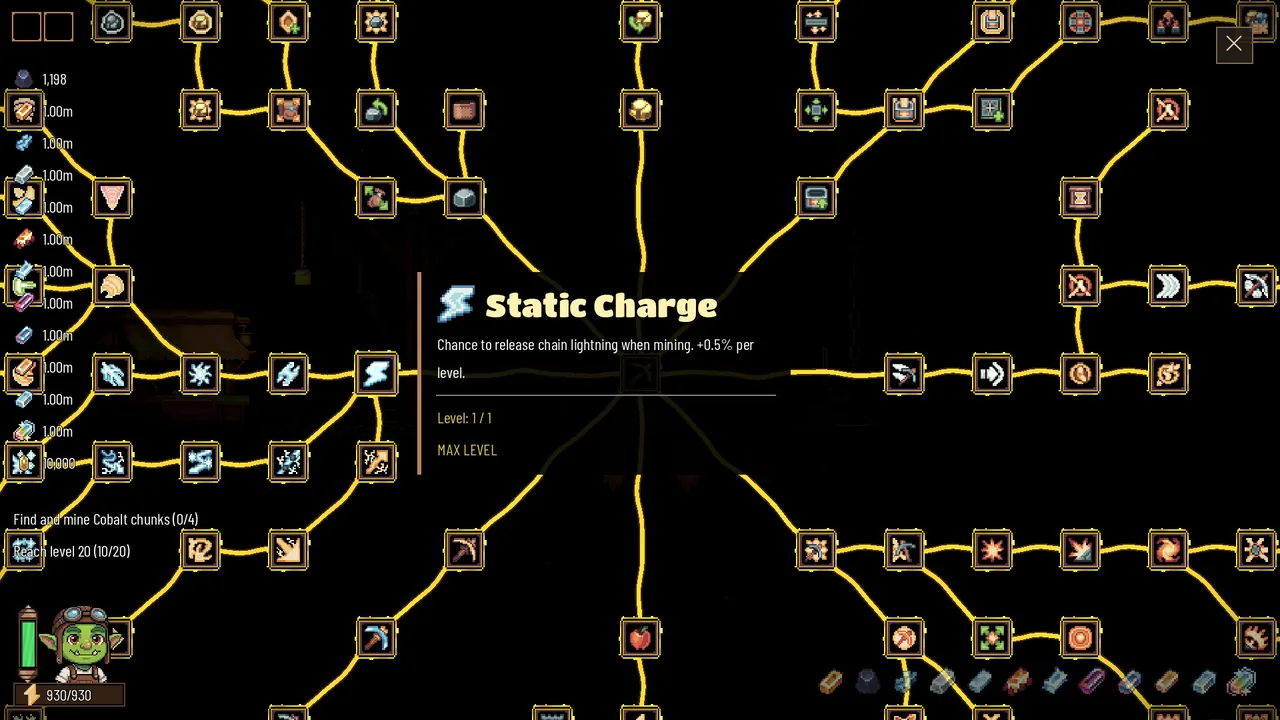 Rock Bottom's sprawling skill tree with dozens of nodes, showing the maxed Static Charge node