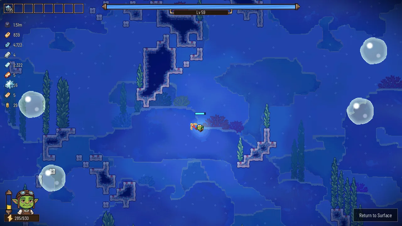 Rock Bottom's underwater section: the player swims through a blue flooded zone dotted with air bubbles