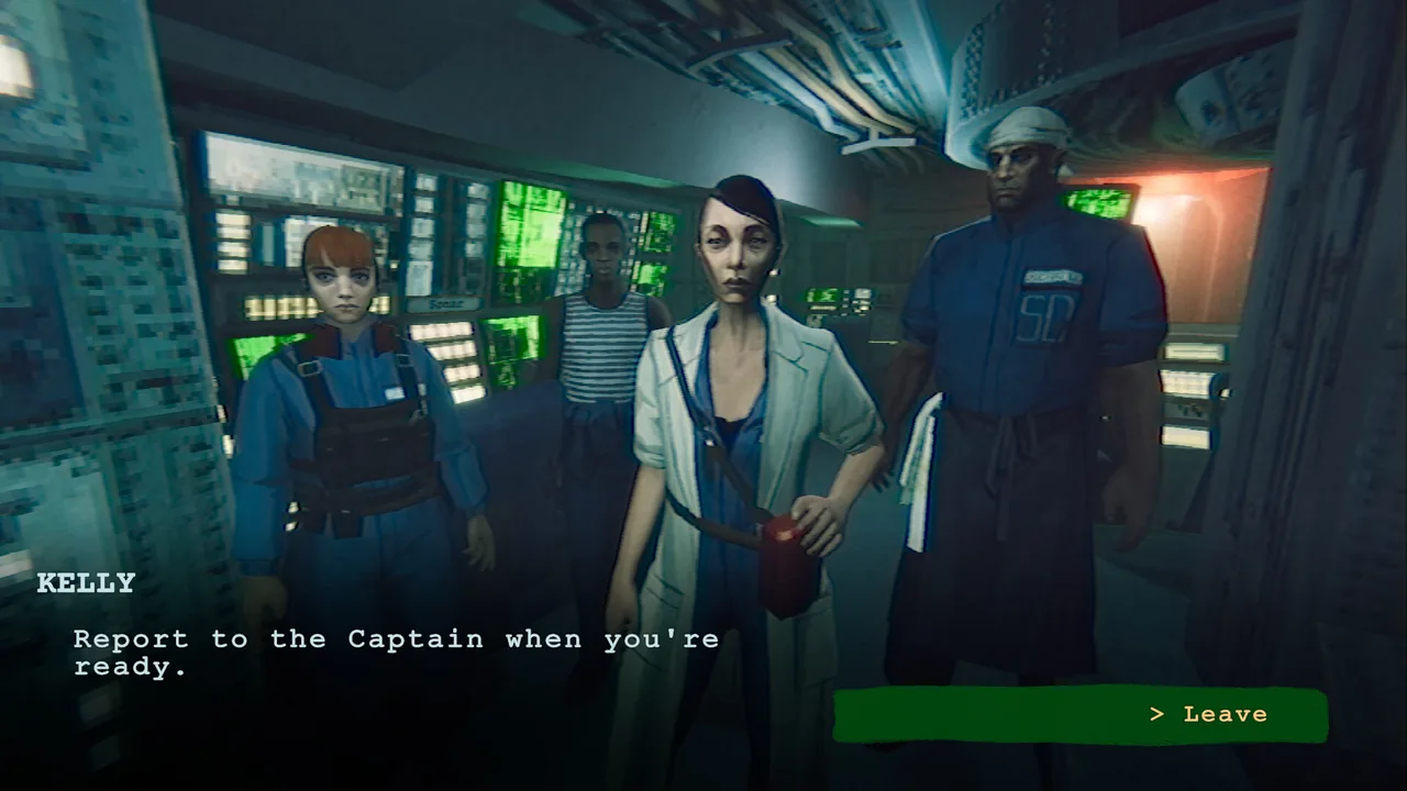 Four crew members standing in the sonar room under green console light, with Kelly telling you to report to the Captain