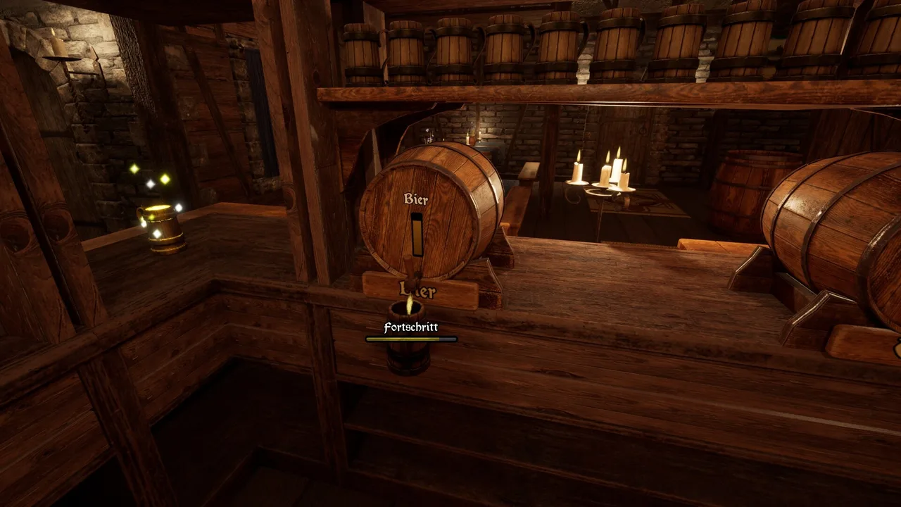 Tapping a beer in Tavern Legends: a mug filling under a barrel spigot with a progress bar