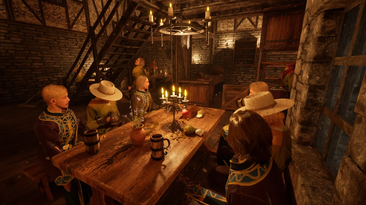 A full table of guests waiting in a busy Tavern Legends common room