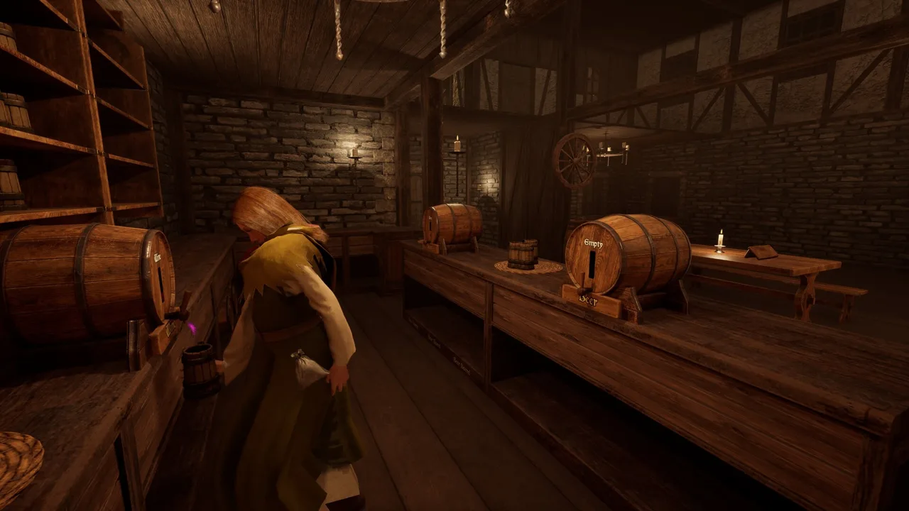 A worker filling a mug at the barrel benches in a Tavern Legends cellar