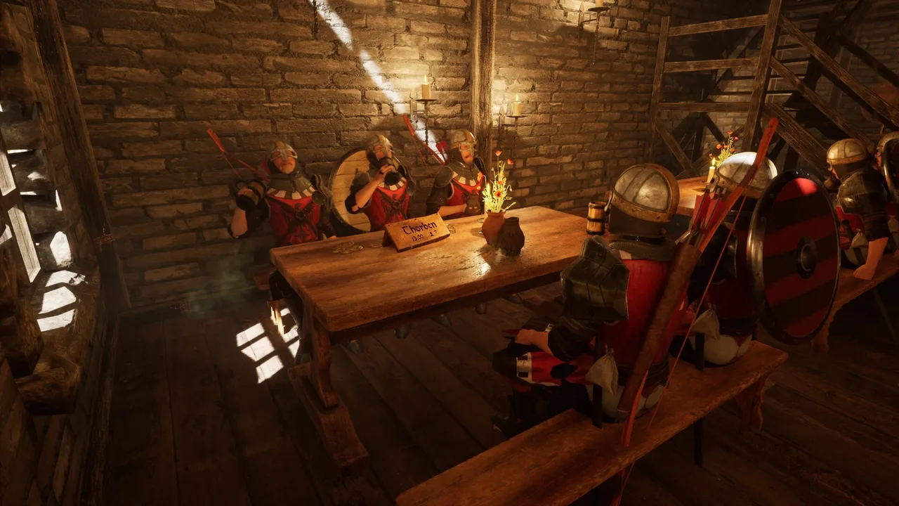 A reservation table in Tavern Legends: a group of knights drinking at a long table with a reserved name sign